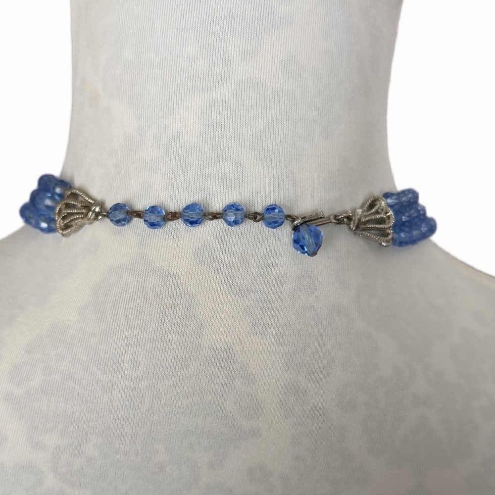 Vintage Blue Crystal Beaded Necklace | Multi Strand Faceted Glass Statement - Picture 2 of 5